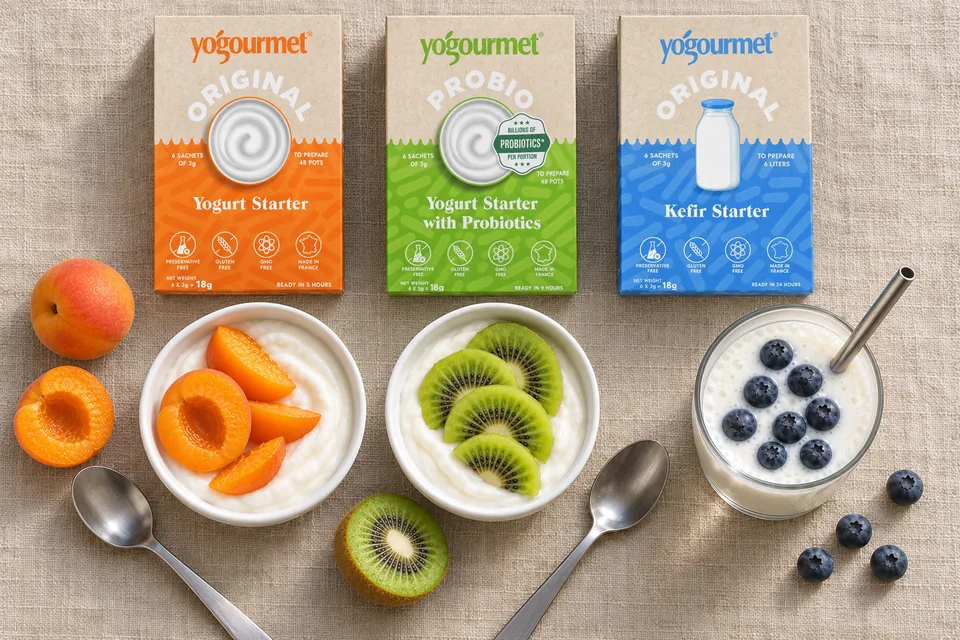 Tri krabičky kultúr Yogourmet na ľanovom obruse, pod každou jej jogurt alebo kefír s ovocím vo farbe krabičky